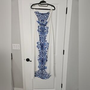 Blue and white strapless maxi